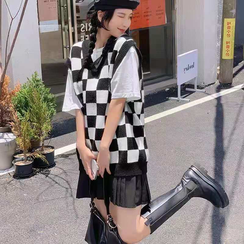Wednesday Checkerboard Knitted Sweater - Y2K Grunge, 90s Fashion, Retro Style, Summer Y2K Outfits