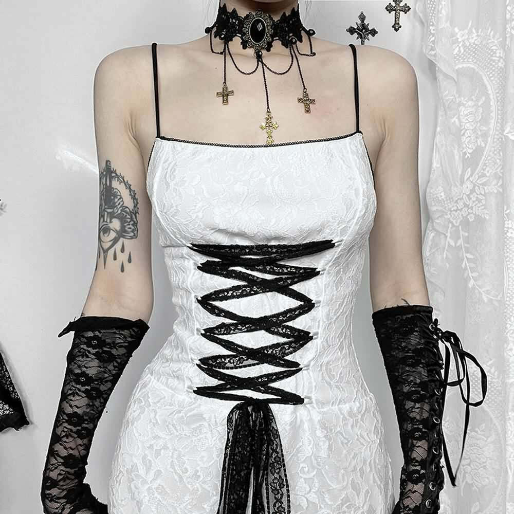 White Gothic Lace Overlay Long Dress - Y2K Summer, 90s Grunge, Retro Party, Pastel Goth Fashion