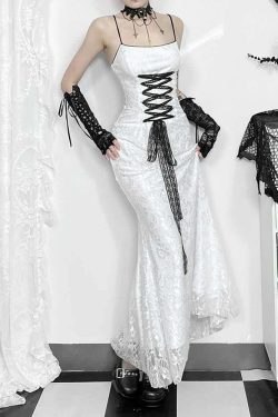 White Gothic Lace Overlay Long Dress - Y2K Summer, 90s Grunge, Retro Party, Pastel Goth Fashion