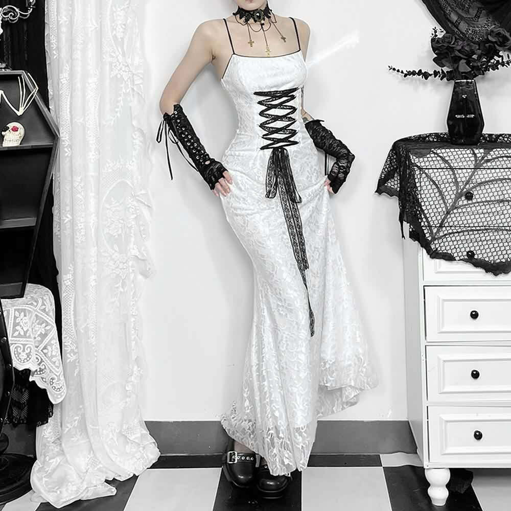 White Gothic Lace Overlay Long Dress - Y2K Summer, 90s Grunge, Retro Party, Pastel Goth Fashion