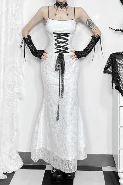 White Gothic Lace Overlay Long Dress - Y2K Summer, 90s Grunge, Retro Party, Pastel Goth Fashion