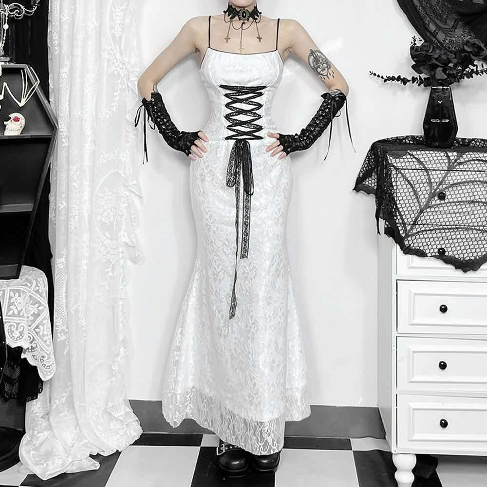 White Gothic Lace Overlay Long Dress - Y2K Summer, 90s Grunge, Retro Party, Pastel Goth Fashion