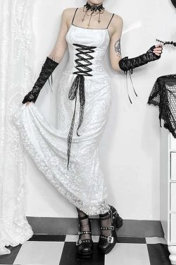 White Gothic Lace Overlay Long Dress - Y2K Summer, 90s Grunge, Retro Party, Pastel Goth Fashion