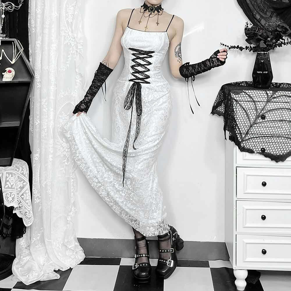 White Gothic Lace Overlay Long Dress - Y2K Summer, 90s Grunge, Retro Party, Pastel Goth Fashion