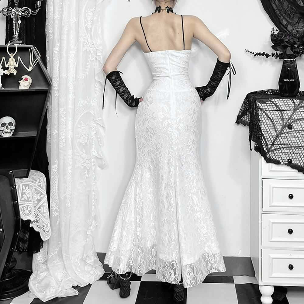 White Gothic Lace Overlay Long Dress - Y2K Summer, 90s Grunge, Retro Party, Pastel Goth Fashion
