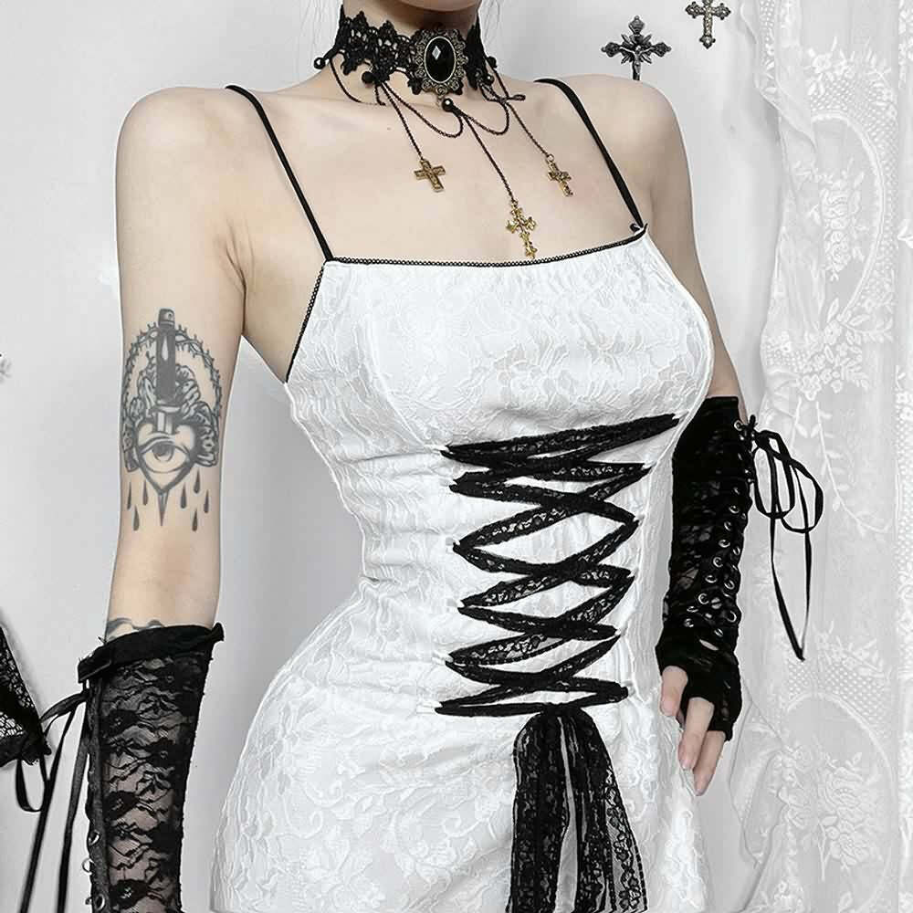 White Gothic Lace Overlay Long Dress - Y2K Summer, 90s Grunge, Retro Party, Pastel Goth Fashion