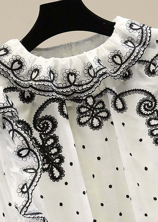 White Patchwork Chiffon Shirt - Ruffled Embroidered Y2K Summer Grunge 90s Fashion Top