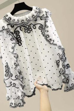 White Patchwork Chiffon Shirt - Ruffled Embroidered Y2K Summer Grunge 90s Fashion Top