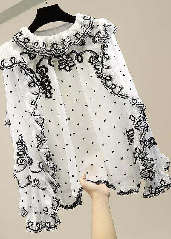 White Patchwork Chiffon Shirt - Ruffled Embroidered Y2K Summer Grunge 90s Fashion Top