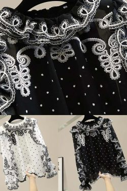 White Patchwork Chiffon Shirt - Ruffled Embroidered Y2K Summer Grunge 90s Fashion Top