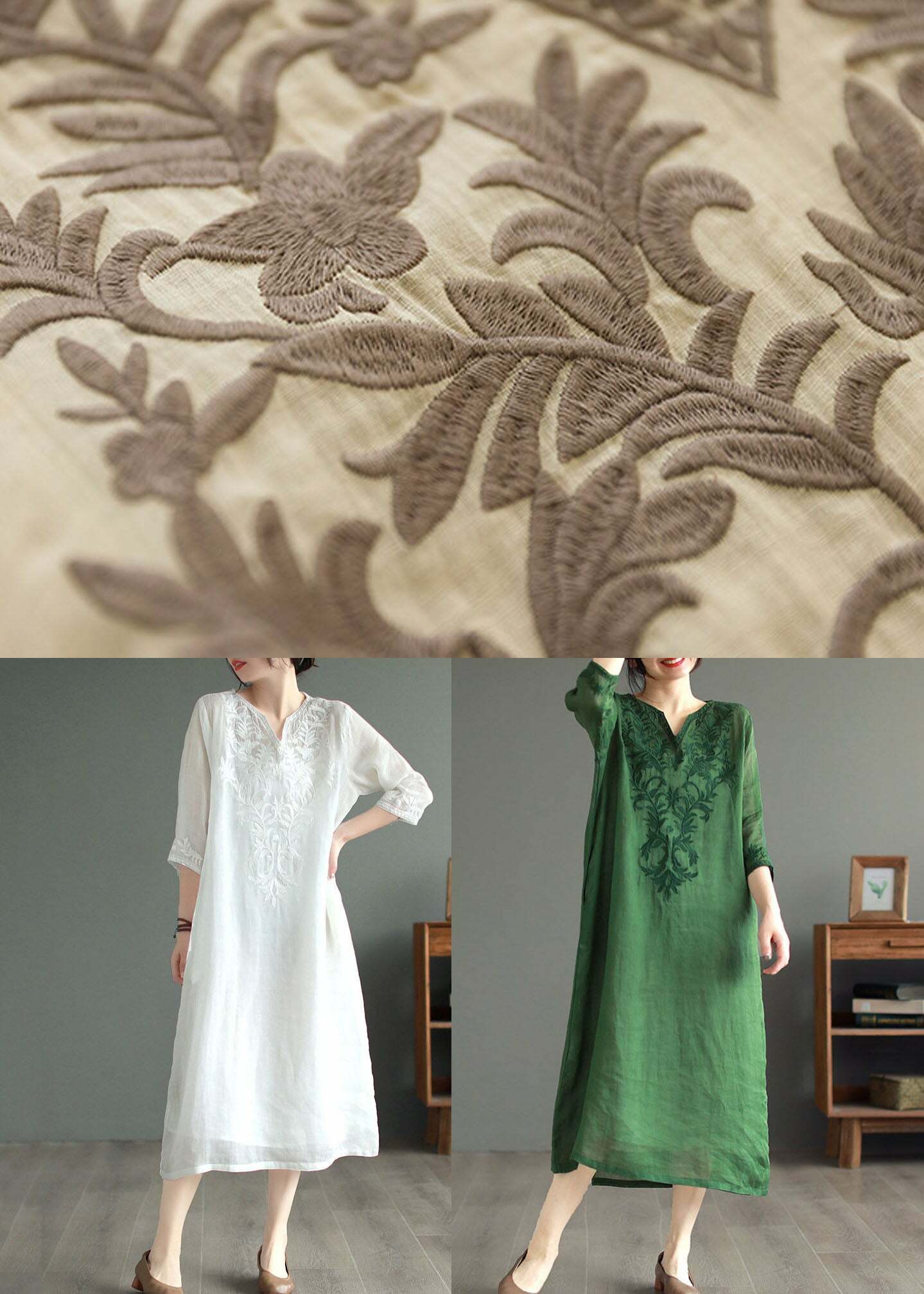 White Patchwork Linen Dress V Neck Embroidered Bracelet Sleeve - Y2K Summer & 90s Grunge Fashion