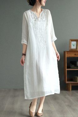 White Patchwork Linen Dress V Neck Embroidered Bracelet Sleeve - Y2K Summer & 90s Grunge Fashion
