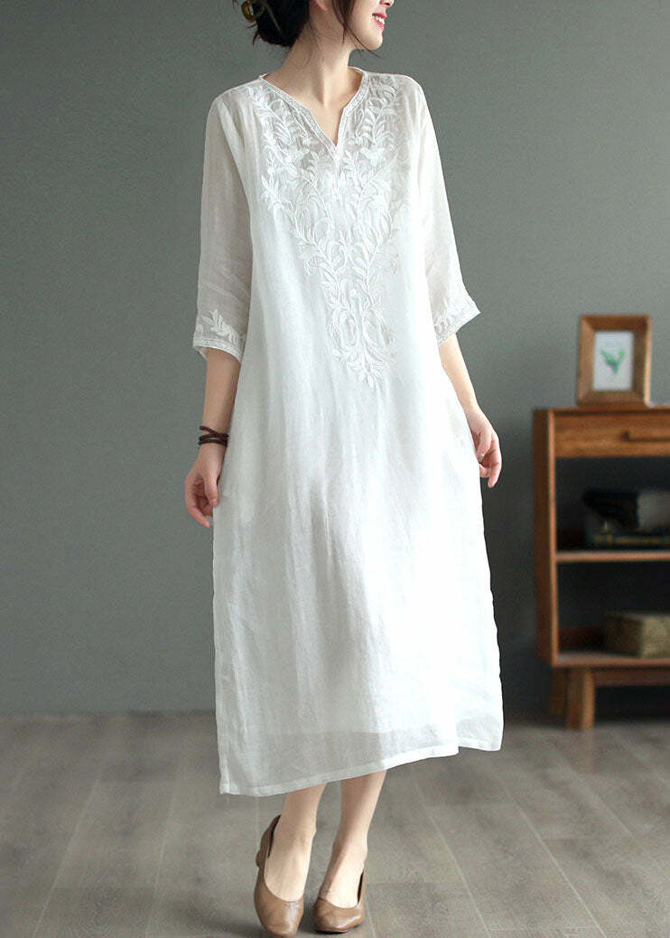 White Patchwork Linen Dress V Neck Embroidered Bracelet Sleeve - Y2K Summer & 90s Grunge Fashion