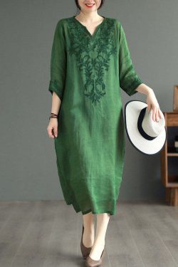 White Patchwork Linen Dress V Neck Embroidered Bracelet Sleeve - Y2K Summer & 90s Grunge Fashion