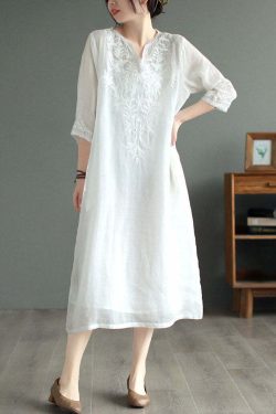 White Patchwork Linen Dress V Neck Embroidered Bracelet Sleeve - Y2K Summer & 90s Grunge Fashion