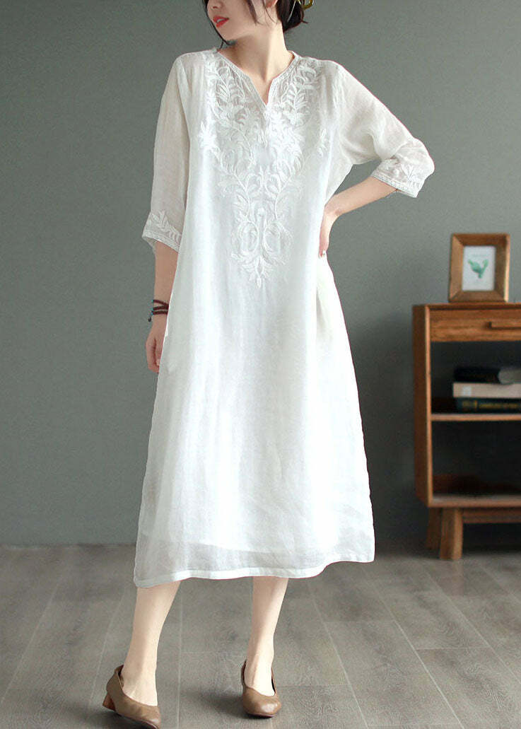 White Patchwork Linen Dress V Neck Embroidered Bracelet Sleeve - Y2K Summer & 90s Grunge Fashion