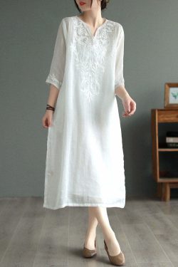 White Patchwork Linen Dress V Neck Embroidered Bracelet Sleeve - Y2K Summer & 90s Grunge Fashion