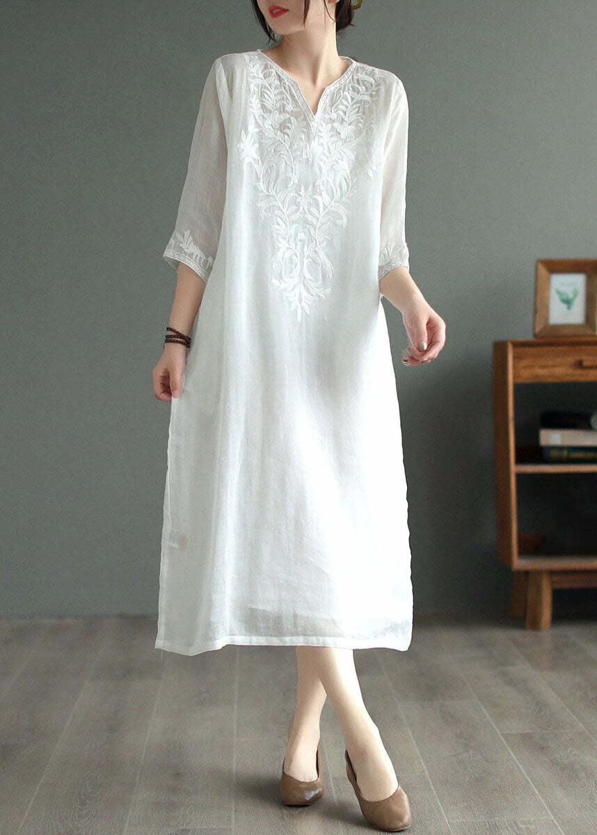 White Patchwork Linen Dress V Neck Embroidered Bracelet Sleeve - Y2K Summer & 90s Grunge Fashion