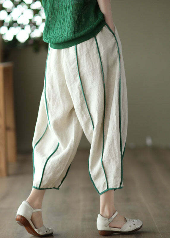 White Patchwork Linen Harem Pants with Pockets - Y2K Summer, 90s Fashion, Grunge Outfits