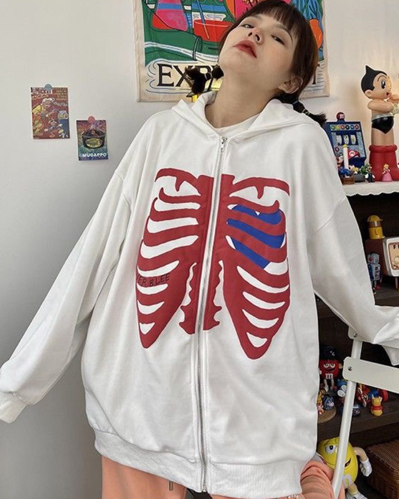White Skeleton Hoodie - Y2K Summer Grunge, 90s Retro, Gothic Y2K, Y2K Party & Club Outfits