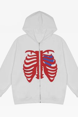 White Skeleton Hoodie - Y2K Summer Grunge, 90s Retro, Gothic Y2K, Y2K Party & Club Outfits