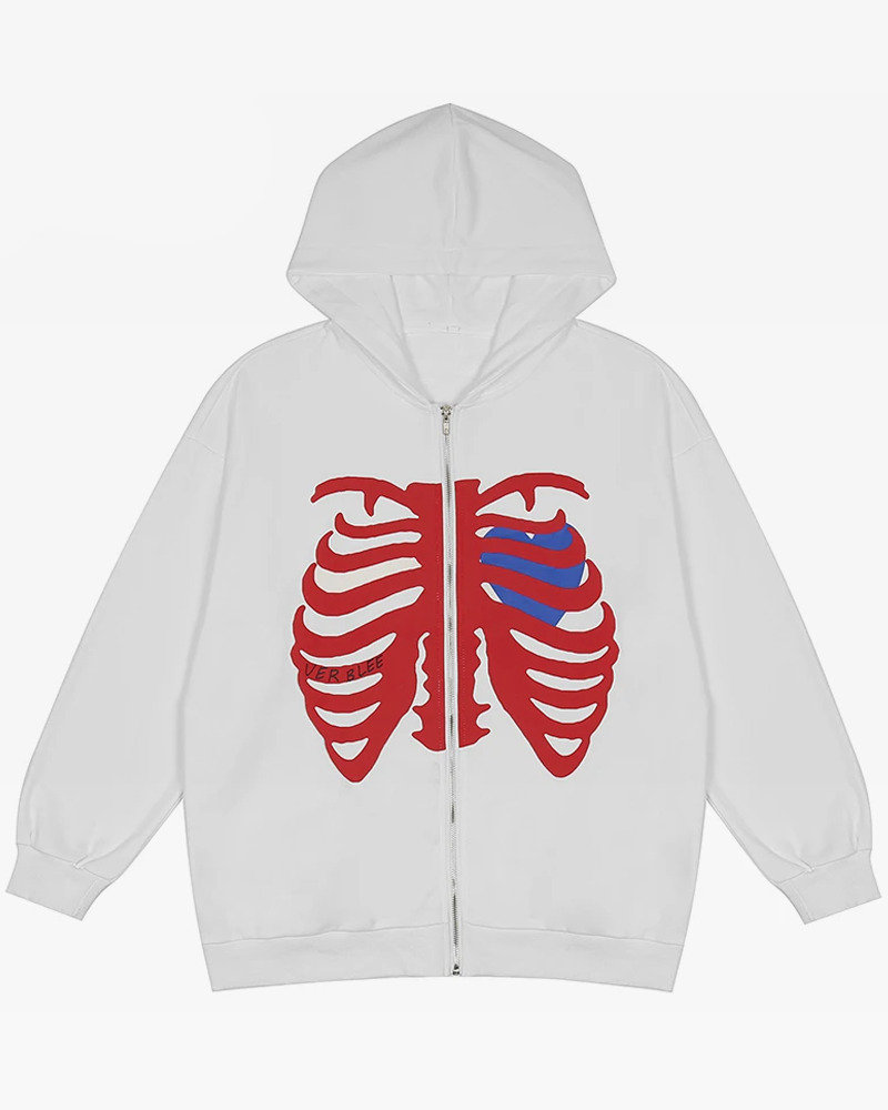 White Skeleton Hoodie - Y2K Summer Grunge, 90s Retro, Gothic Y2K, Y2K Party & Club Outfits