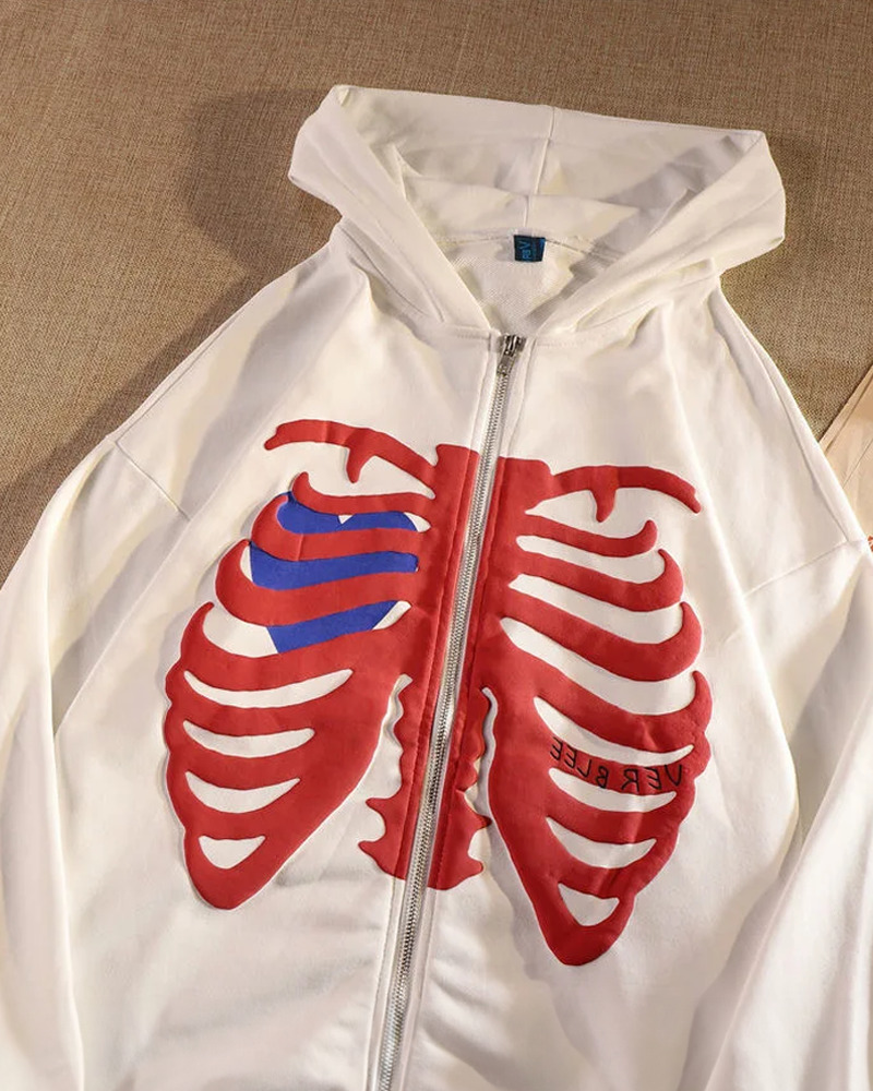 White Skeleton Hoodie - Y2K Summer Grunge, 90s Retro, Gothic Y2K, Y2K Party & Club Outfits