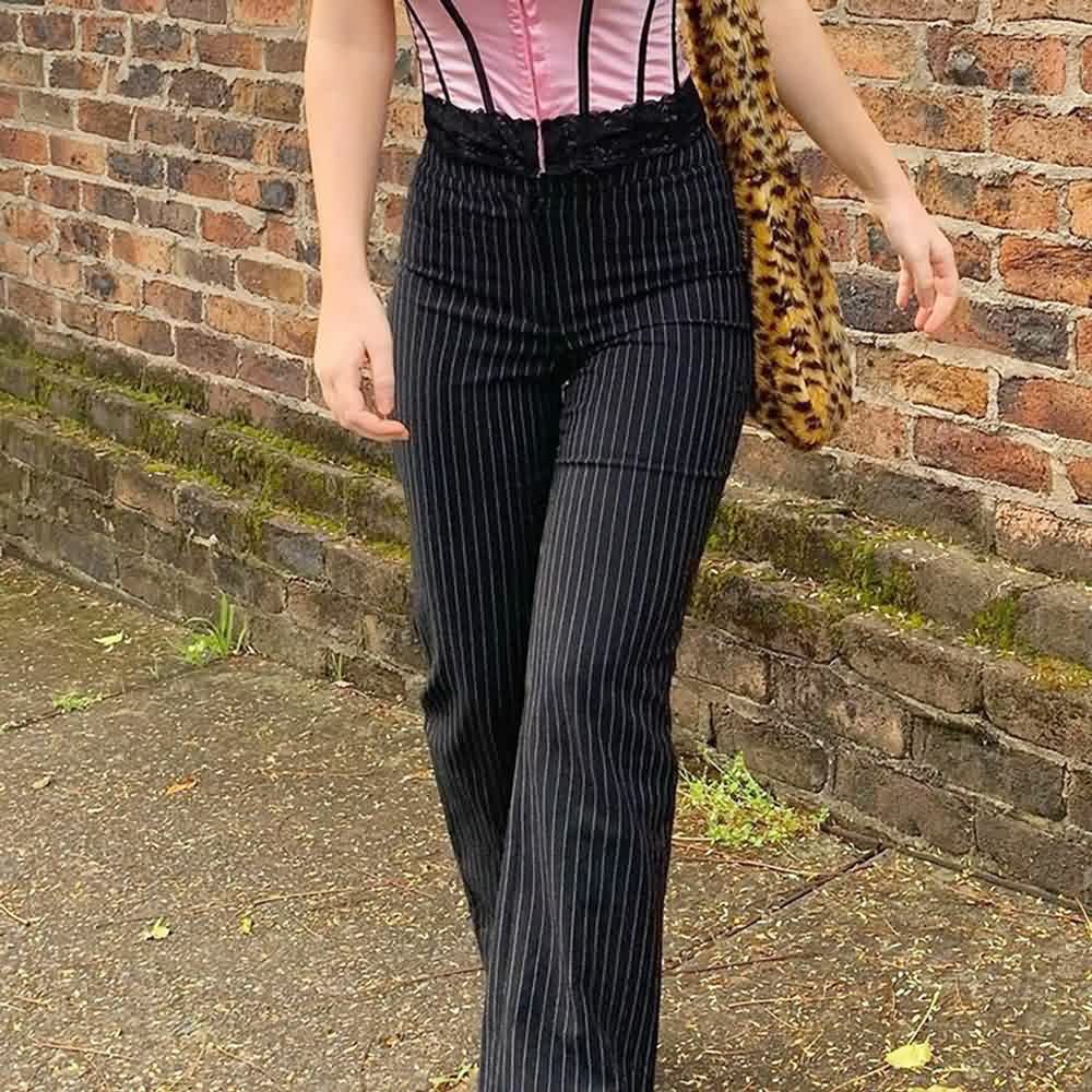 White Stripe Gothic Trousers - Y2K Grunge, 90s Retro, Summer Y2K Outfits, Y2K Club Fashion
