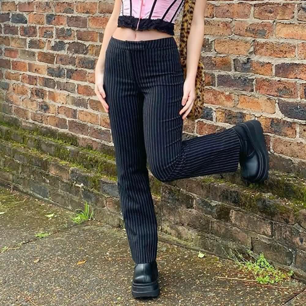 White Stripe Gothic Trousers - Y2K Grunge, 90s Retro, Summer Y2K Outfits, Y2K Club Fashion