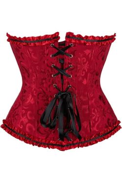 Wine Red Gothic Ruffle Trim Overbust Corset - Y2K Grunge, 90s Fashion, Retro Summer Outfit