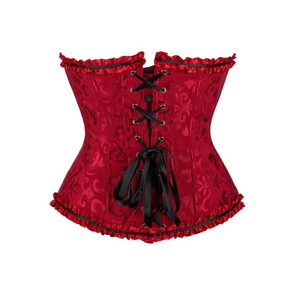 Wine Red Gothic Ruffle Trim Overbust Corset - Y2K Grunge, 90s Fashion, Retro Summer Outfit