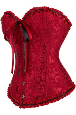 Wine Red Gothic Ruffle Trim Overbust Corset - Y2K Grunge, 90s Fashion, Retro Summer Outfit