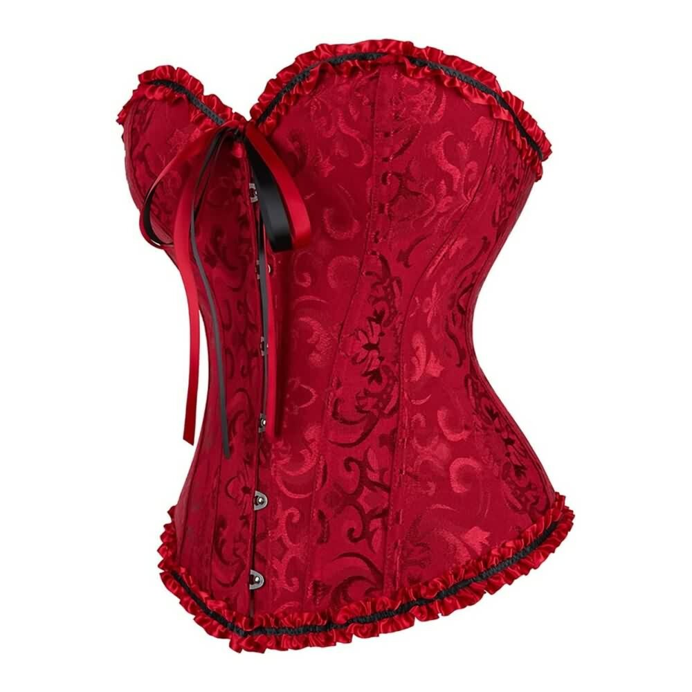 Wine Red Gothic Ruffle Trim Overbust Corset - Y2K Grunge, 90s Fashion, Retro Summer Outfit