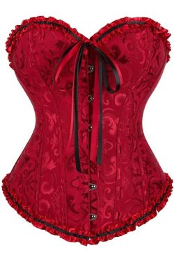 Wine Red Gothic Ruffle Trim Overbust Corset - Y2K Grunge, 90s Fashion, Retro Summer Outfit
