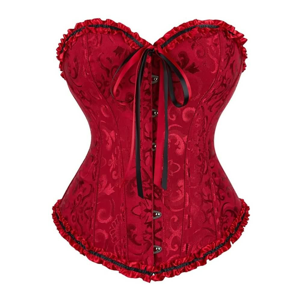 Wine Red Gothic Ruffle Trim Overbust Corset - Y2K Grunge, 90s Fashion, Retro Summer Outfit