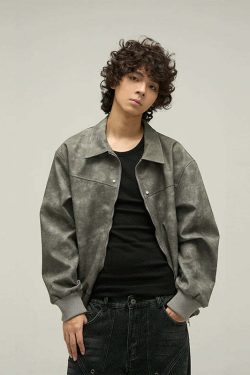 WLNEXT Distressed Faux Leather Jacket - Y2K Grunge, 90s Fashion, Retro Style, Y2K Summer Outfits