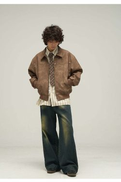 WLNEXT Distressed Faux Leather Jacket - Y2K Grunge, 90s Fashion, Retro Style, Y2K Summer Outfits