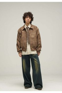 WLNEXT Distressed Faux Leather Jacket - Y2K Grunge, 90s Fashion, Retro Style, Y2K Summer Outfits