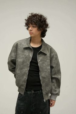 WLNEXT Distressed Faux Leather Jacket - Y2K Grunge, 90s Fashion, Retro Style, Y2K Summer Outfits