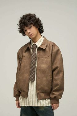 WLNEXT Distressed Faux Leather Jacket - Y2K Grunge, 90s Fashion, Retro Style, Y2K Summer Outfits