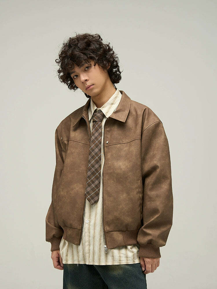 WLNEXT Distressed Faux Leather Jacket - Y2K Grunge, 90s Fashion, Retro Style, Y2K Summer Outfits