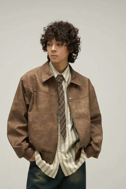 WLNEXT Distressed Faux Leather Jacket - Y2K Grunge, 90s Fashion, Retro Style, Y2K Summer Outfits