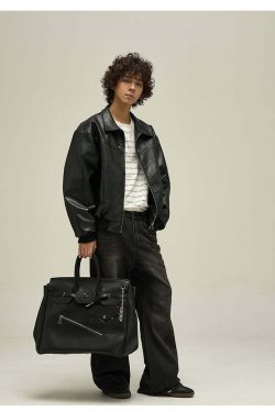 WLNEXT Distressed Faux Leather Jacket - Y2K Grunge, 90s Fashion, Retro Style, Y2K Summer Outfits