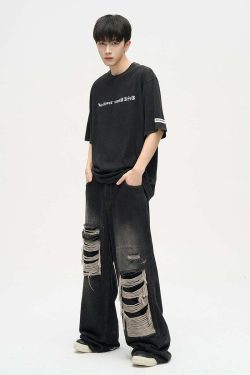 WLNEXT Y2K Grunge Distressed Jeans - 90s Retro Summer Outfit, Gothic Y2K Fashion, Hip Hop Style