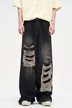 WLNEXT Y2K Grunge Distressed Patched Jeans - Retro 90s Fashion, Summer Y2K Outfits