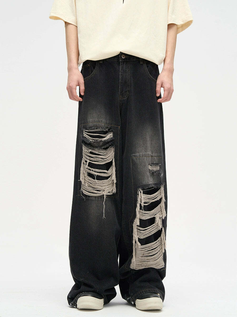 WLNEXT Y2K Grunge Distressed Patched Jeans - Retro 90s Fashion, Summer Y2K Outfits