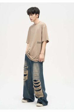 WLNEXT Y2K Grunge Distressed Patched Jeans - Retro 90s Fashion, Summer Y2K Outfits