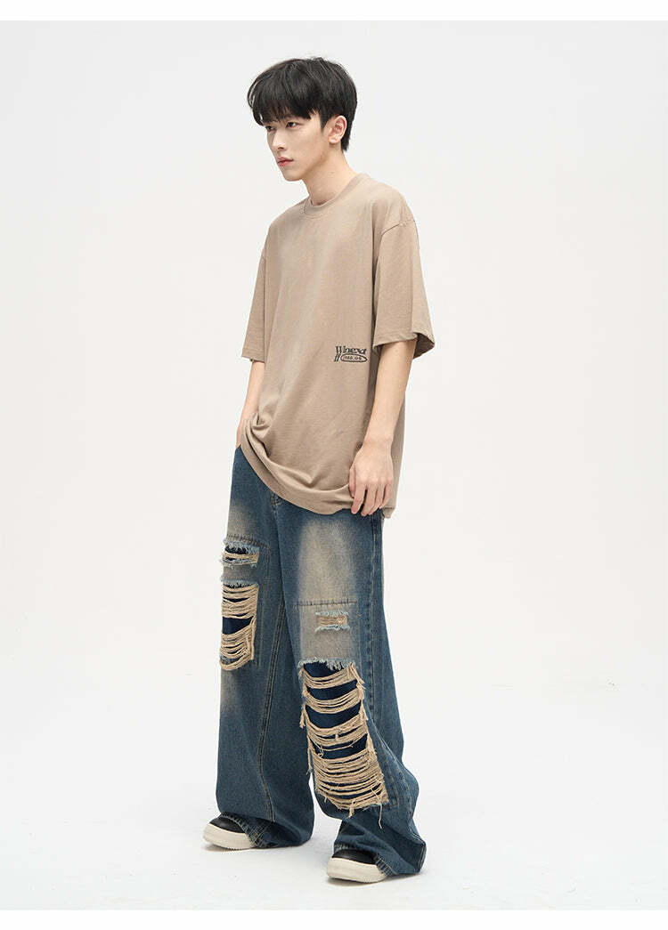 WLNEXT Y2K Grunge Distressed Patched Jeans - Retro 90s Fashion, Summer Y2K Outfits