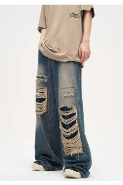 WLNEXT Y2K Grunge Distressed Patched Jeans - Retro 90s Fashion, Summer Y2K Outfits