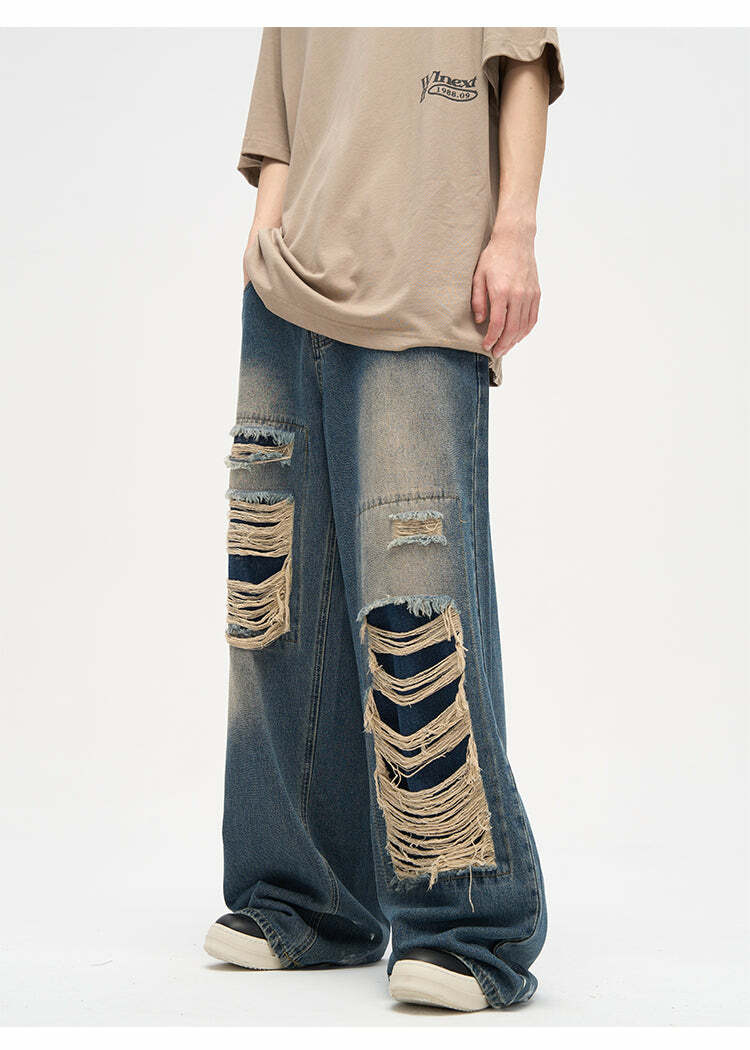 WLNEXT Y2K Grunge Distressed Patched Jeans - Retro 90s Fashion, Summer Y2K Outfits